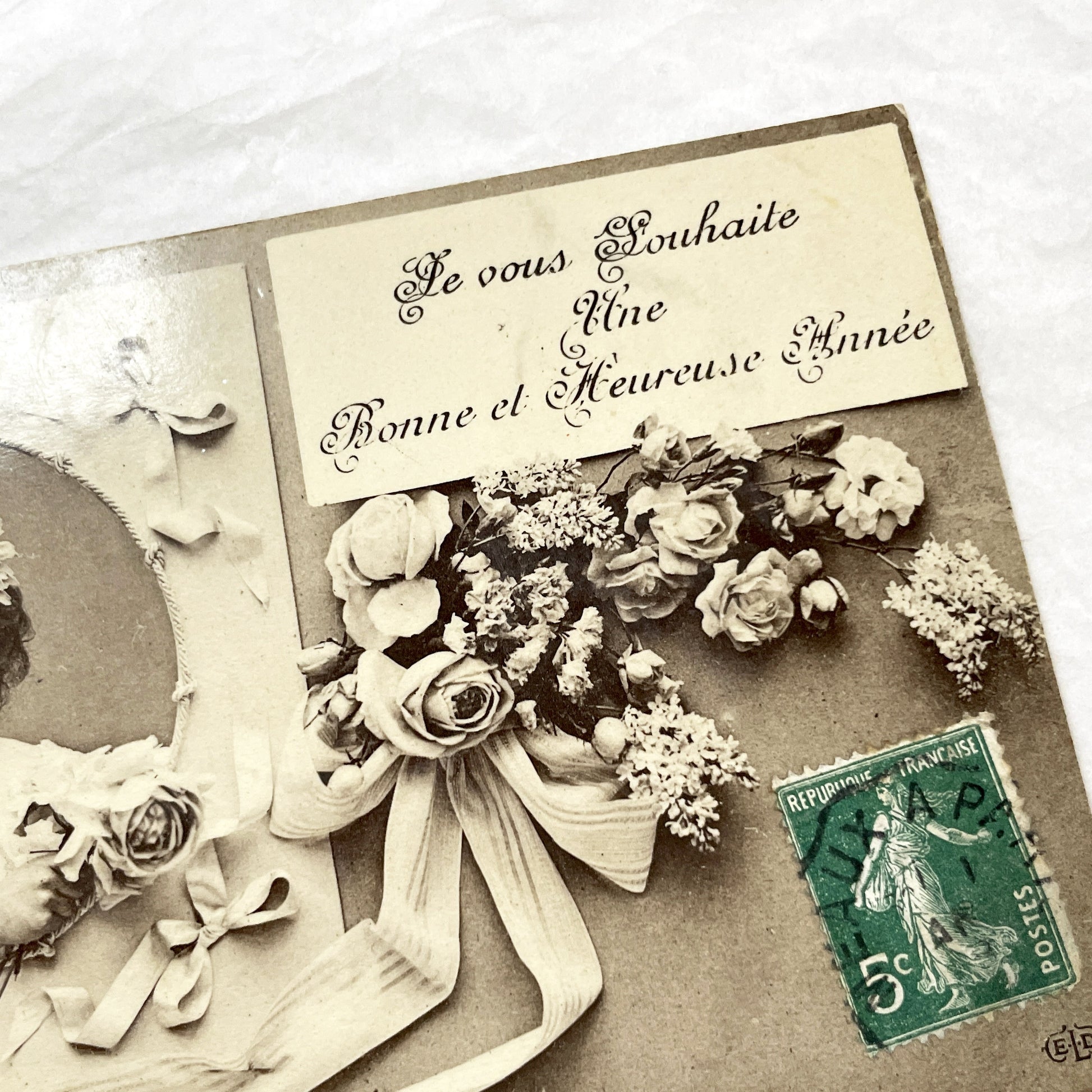 1910s - Vintage French New Year Postcard - Sepia Tone Child Portrait - Ornate Frame And Flowers - Antique French Greeting Card