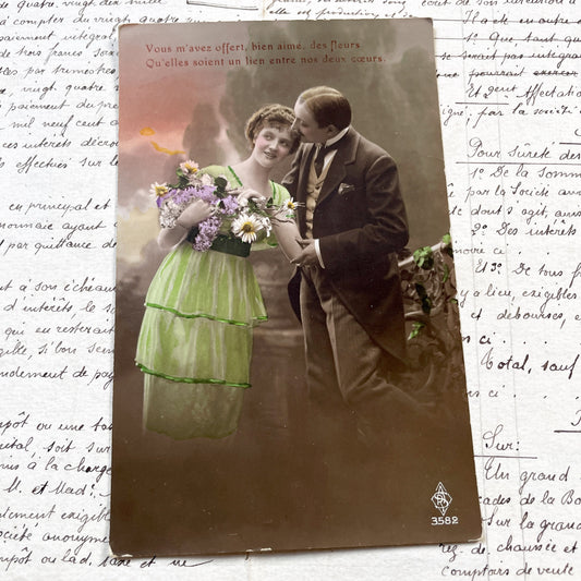 1910s - Vintage French Romantic Postcard - Hand-Colored Sepia Photo - Love Couple Kiss - Antique Ephemera Collectible - Old Valentine Card