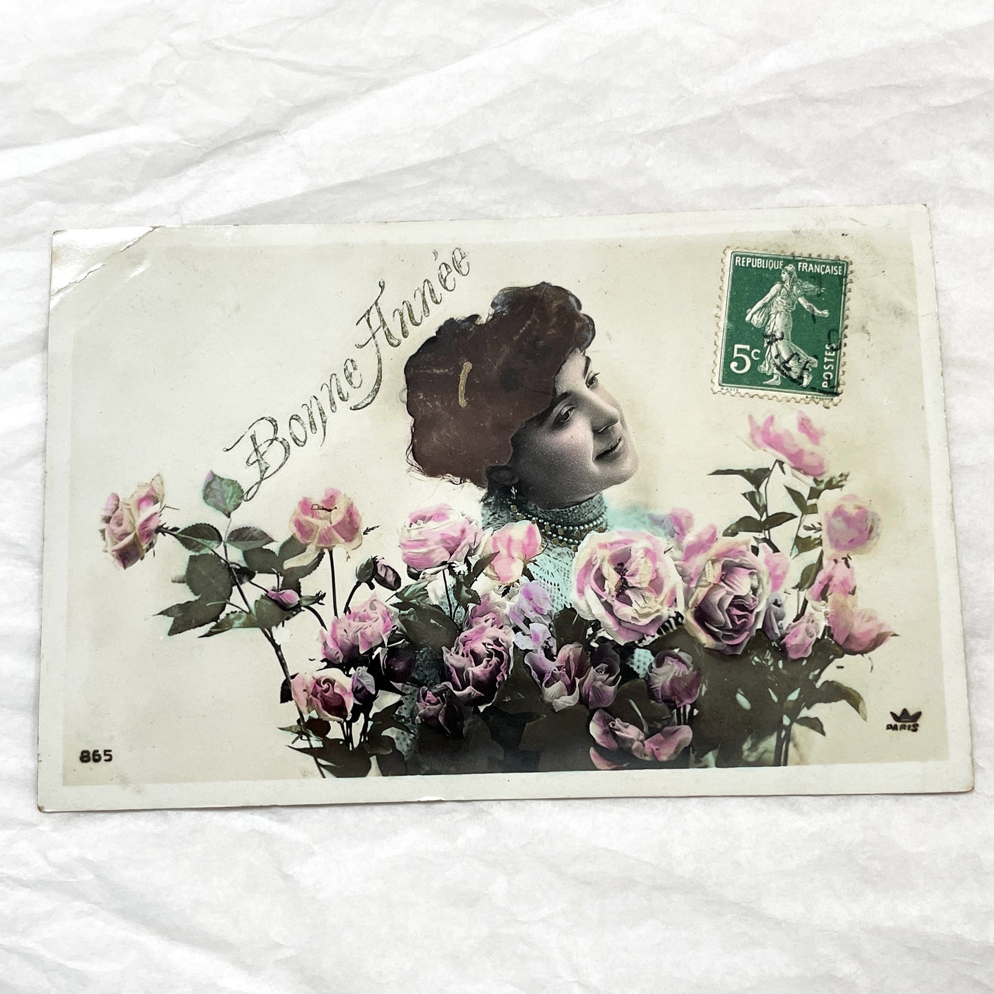 1900s - Vintage French Postcard - Woman Surrounded by Pink Roses - 'Bonne Année' New Year Greeting - Belle Époque Ephemera Collectible.
