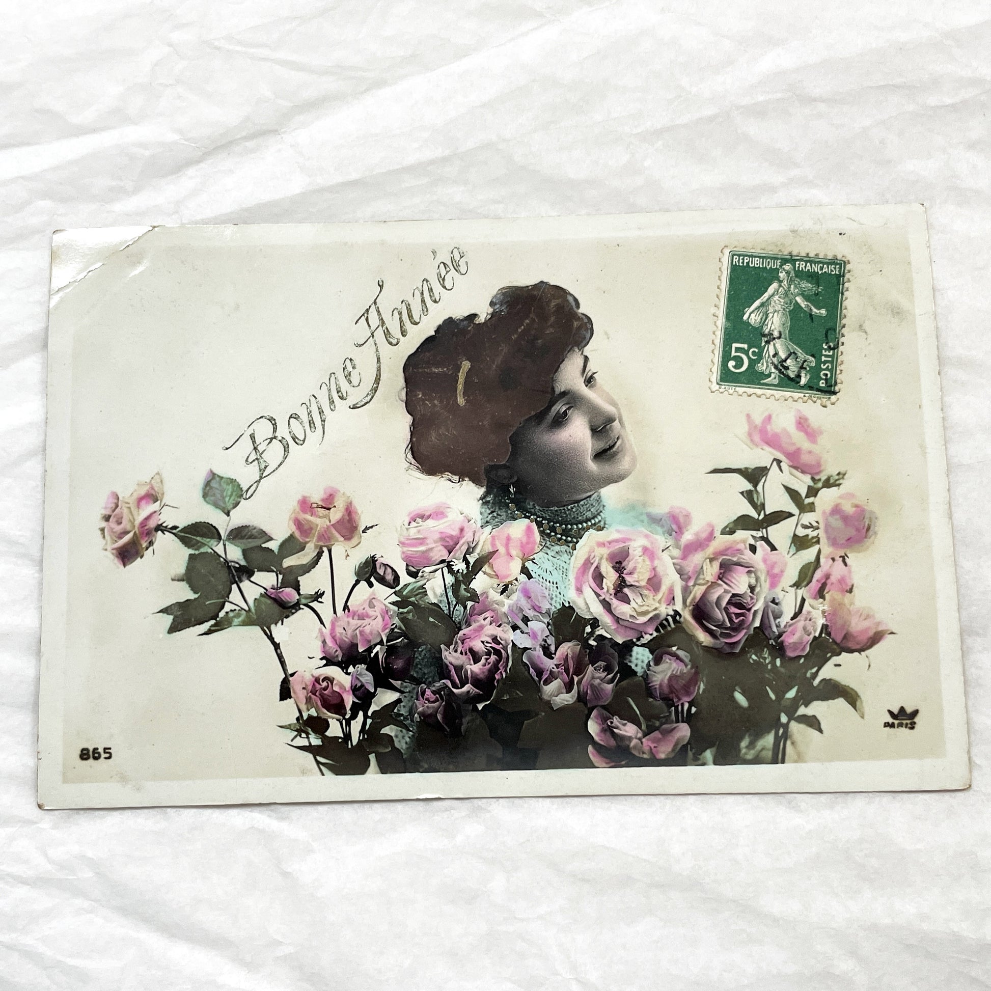 1900s - Vintage French Postcard - Woman Surrounded by Pink Roses - 'Bonne Année' New Year Greeting - Belle Époque Ephemera Collectible.