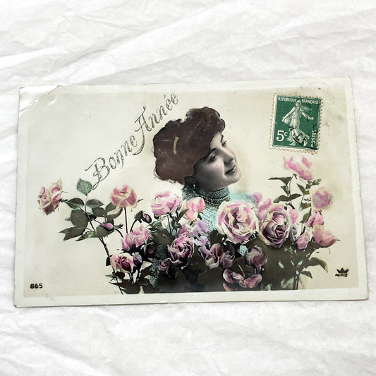 1900s - Vintage French Postcard - Woman Surrounded by Pink Roses - 'Bonne Année' New Year Greeting - Belle Époque Ephemera Collectible.