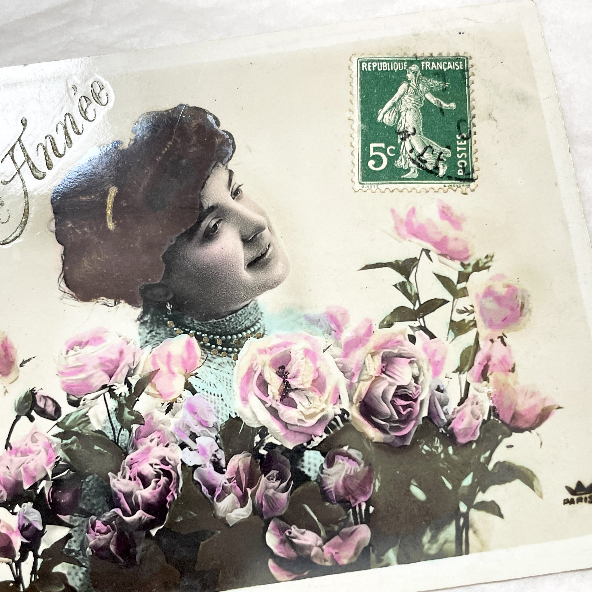 1900s - Vintage French Postcard - Woman Surrounded by Pink Roses - 'Bonne Année' New Year Greeting - Belle Époque Ephemera Collectible.