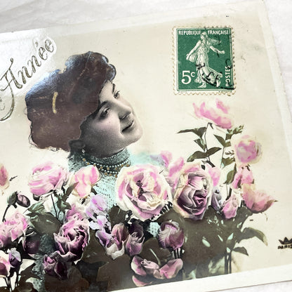 1900s - Vintage French Postcard - Woman Surrounded by Pink Roses - 'Bonne Année' New Year Greeting - Belle Époque Ephemera Collectible.