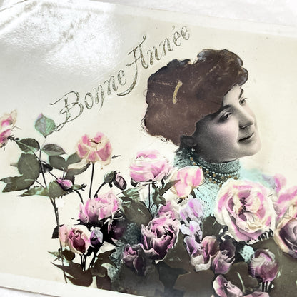 1900s - Vintage French Postcard - Woman Surrounded by Pink Roses - 'Bonne Année' New Year Greeting - Belle Époque Ephemera Collectible.