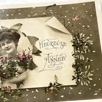 1900s - Antique French New Year Postcard - Heureuse Année Edwardian Lady Photo - Mistletoe Holly Birds Winter Greeting Collectible