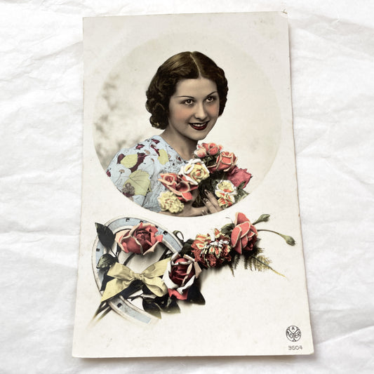1930s - Vintage Hand-Colored Photo Postcard - Beautiful Woman Holding Flowers - Good Luck Horseshoe Motif - Antique Greeting Card