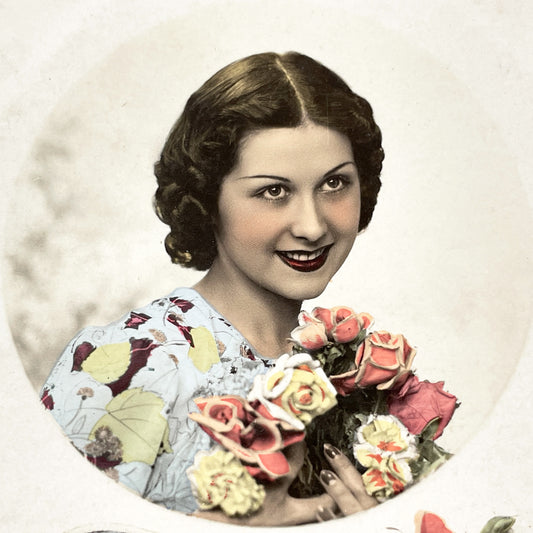 1930s - Vintage Hand-Colored Photo Postcard - Beautiful Woman Holding Flowers - Good Luck Horseshoe Motif - Antique Greeting Card