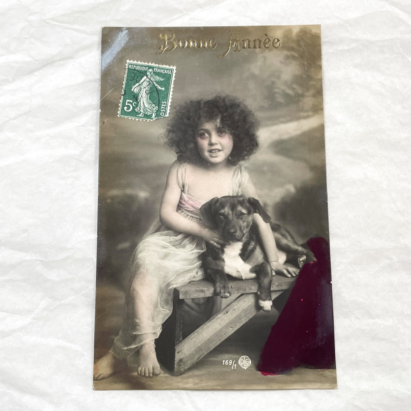 1910s - Vintage French Postcard - Happy New Year Girl with Dog - Semeuse Stamp - Antique Children & Pets Ephemera Collectible