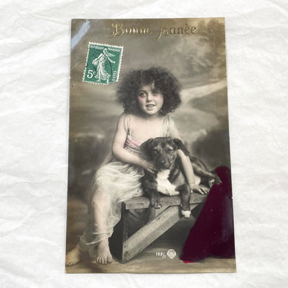 1910s - Vintage French Postcard - Happy New Year Girl with Dog - Semeuse Stamp - Antique Children & Pets Ephemera Collectible