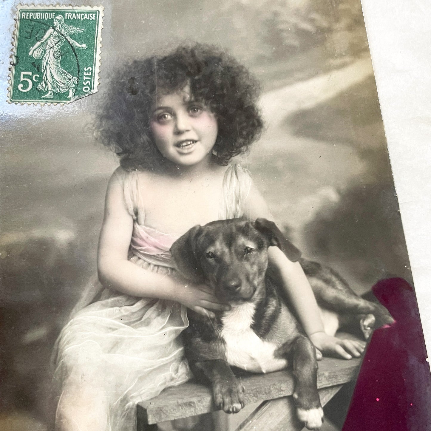 1910s - Vintage French Postcard - Happy New Year Girl with Dog - Semeuse Stamp - Antique Children & Pets Ephemera Collectible