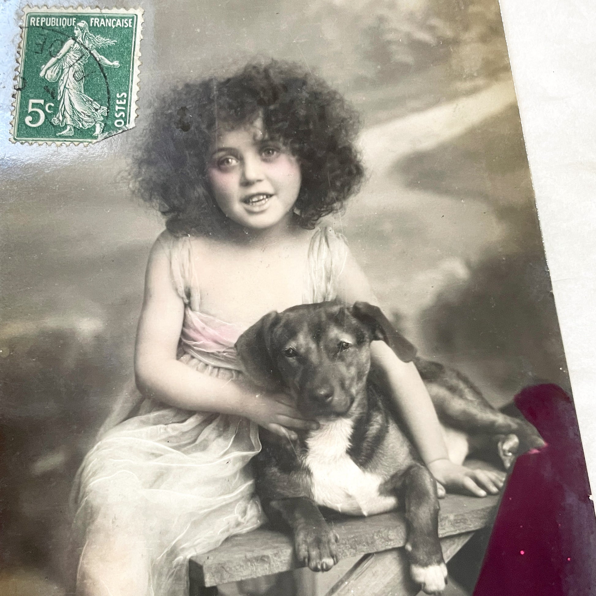 1910s - Vintage French Postcard - Happy New Year Girl with Dog - Semeuse Stamp - Antique Children & Pets Ephemera Collectible