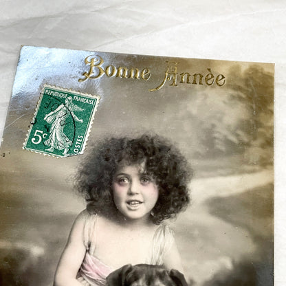 1910s - Vintage French Postcard - Happy New Year Girl with Dog - Semeuse Stamp - Antique Children & Pets Ephemera Collectible