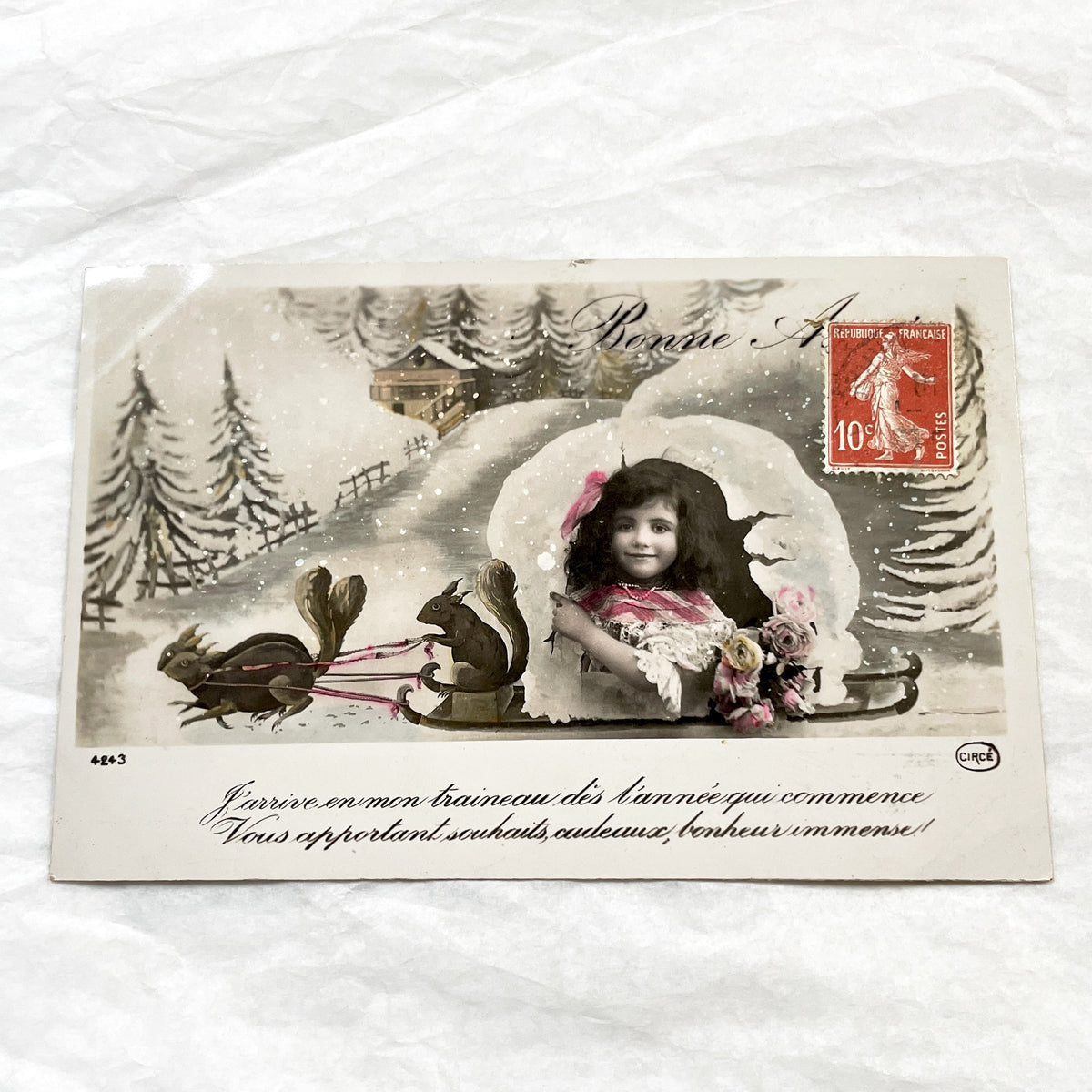1910s - French New Year Postcard - Vintage Child with Squirrels Sleigh - Antique Greetings - Circa Publisher - Old World Charm