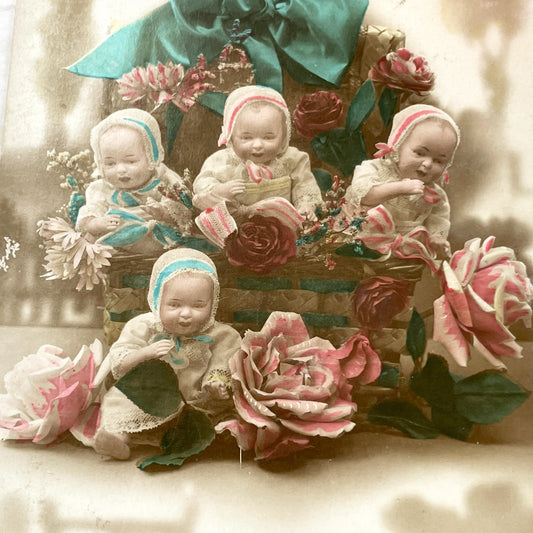 1920s - Vintage French Postcard - Four Charming Baby Dolls - Wicker Basket - Hand-Colored Sepia Tone - Antique Floral Ephemera - Collectible