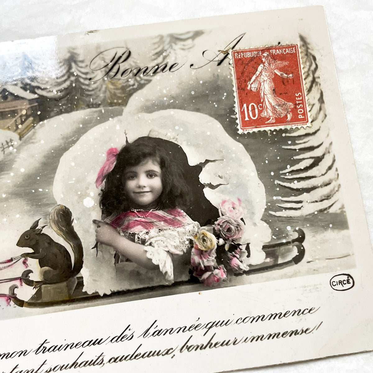 1910s - French New Year Postcard - Vintage Child with Squirrels Sleigh - Antique Greetings - Circa Publisher - Old World Charm