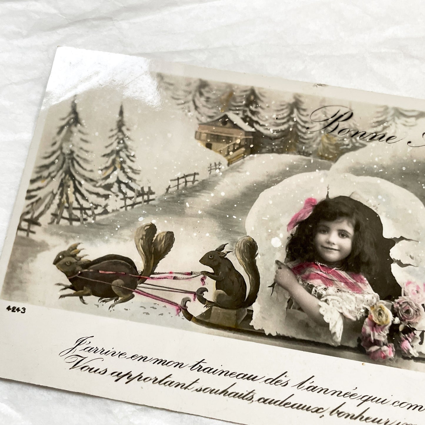 1910s - French New Year Postcard - Vintage Child with Squirrels Sleigh - Antique Greetings - Circa Publisher - Old World Charm