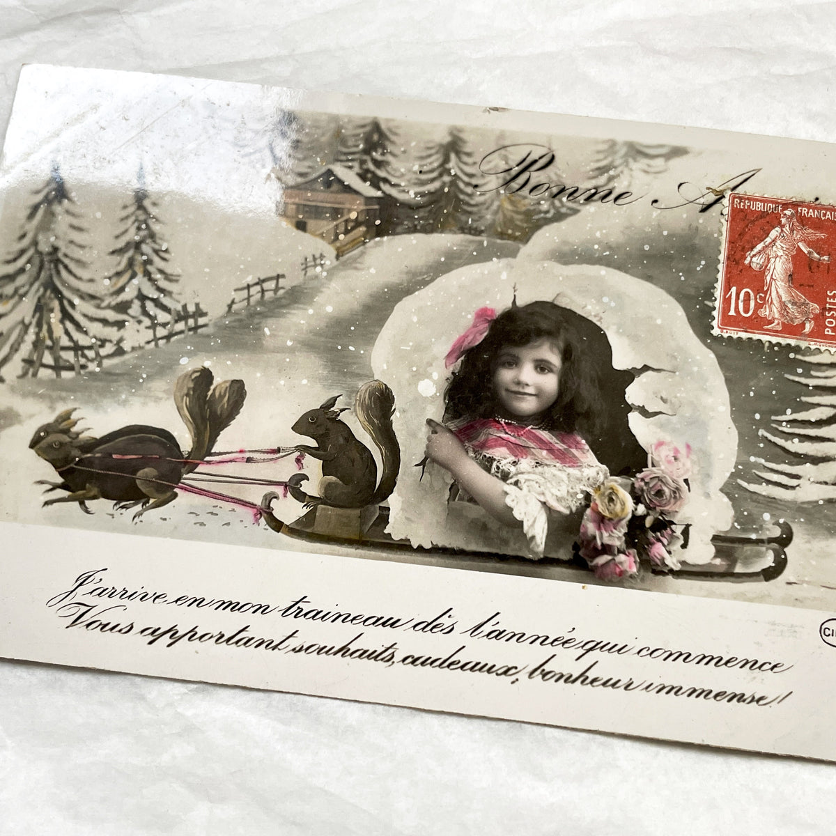 1910s - French New Year Postcard - Vintage Child with Squirrels Sleigh - Antique Greetings - Circa Publisher - Old World Charm