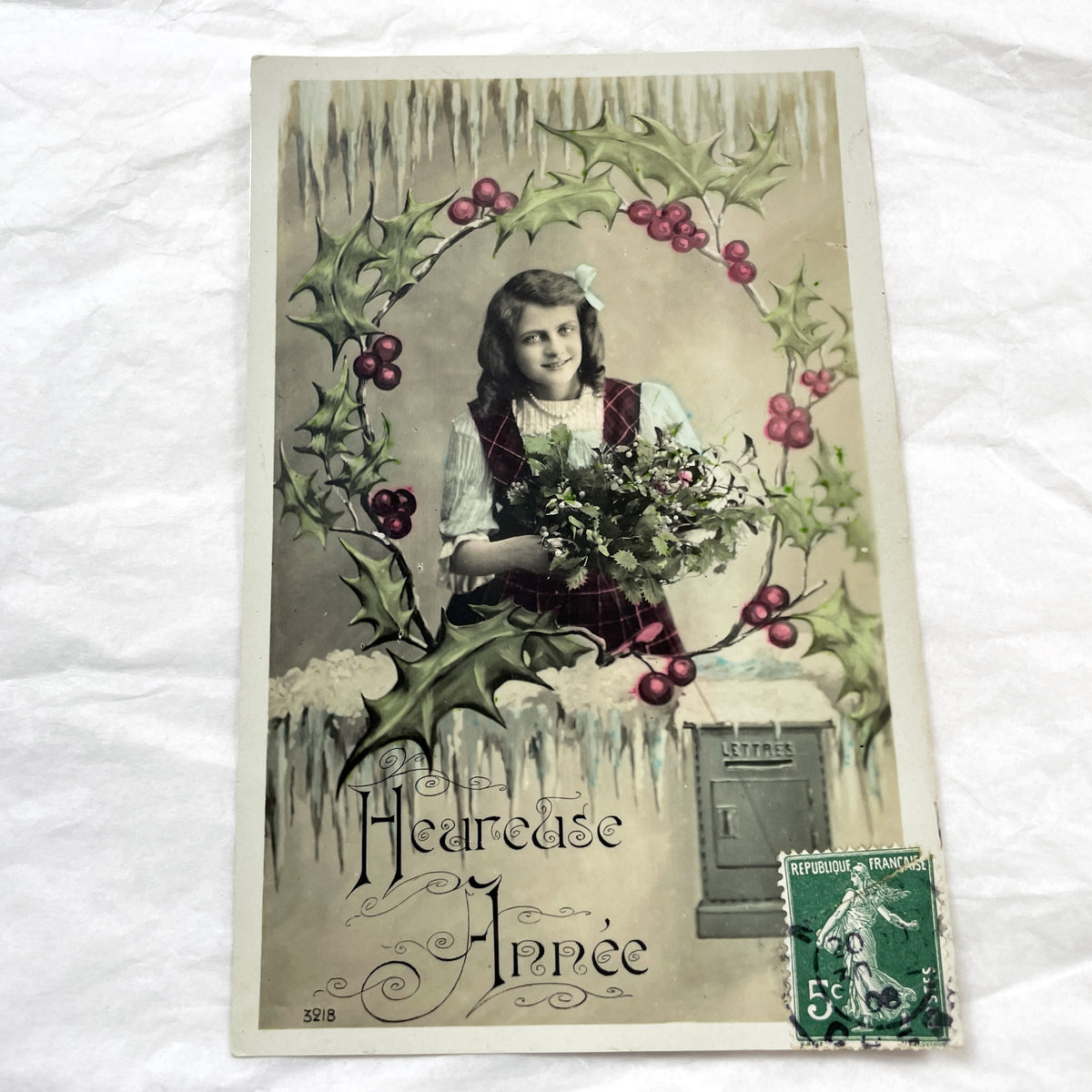 1910s - Antique French New Year Postcard - Young Girl Holly Wreath Icicles - Vintage Holiday Greeting Card - French Collectible Ephemera