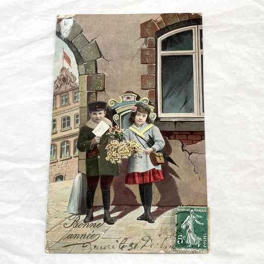 1900s - Antique French New Year Postcard - Children Illustration with Sower Stamp - Vintage Holiday Greeting - Ephemera Collectible