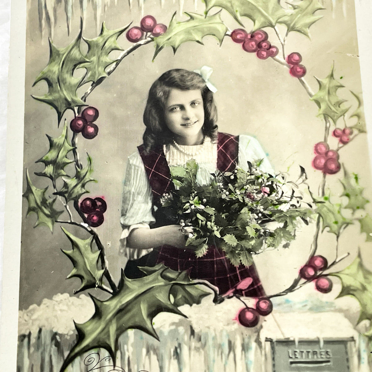 1910s - Antique French New Year Postcard - Young Girl Holly Wreath Icicles - Vintage Holiday Greeting Card - French Collectible Ephemera