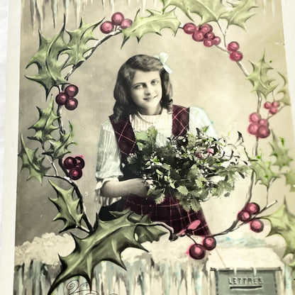 1910s - Antique French New Year Postcard - Young Girl Holly Wreath Icicles - Vintage Holiday Greeting Card - French Collectible Ephemera