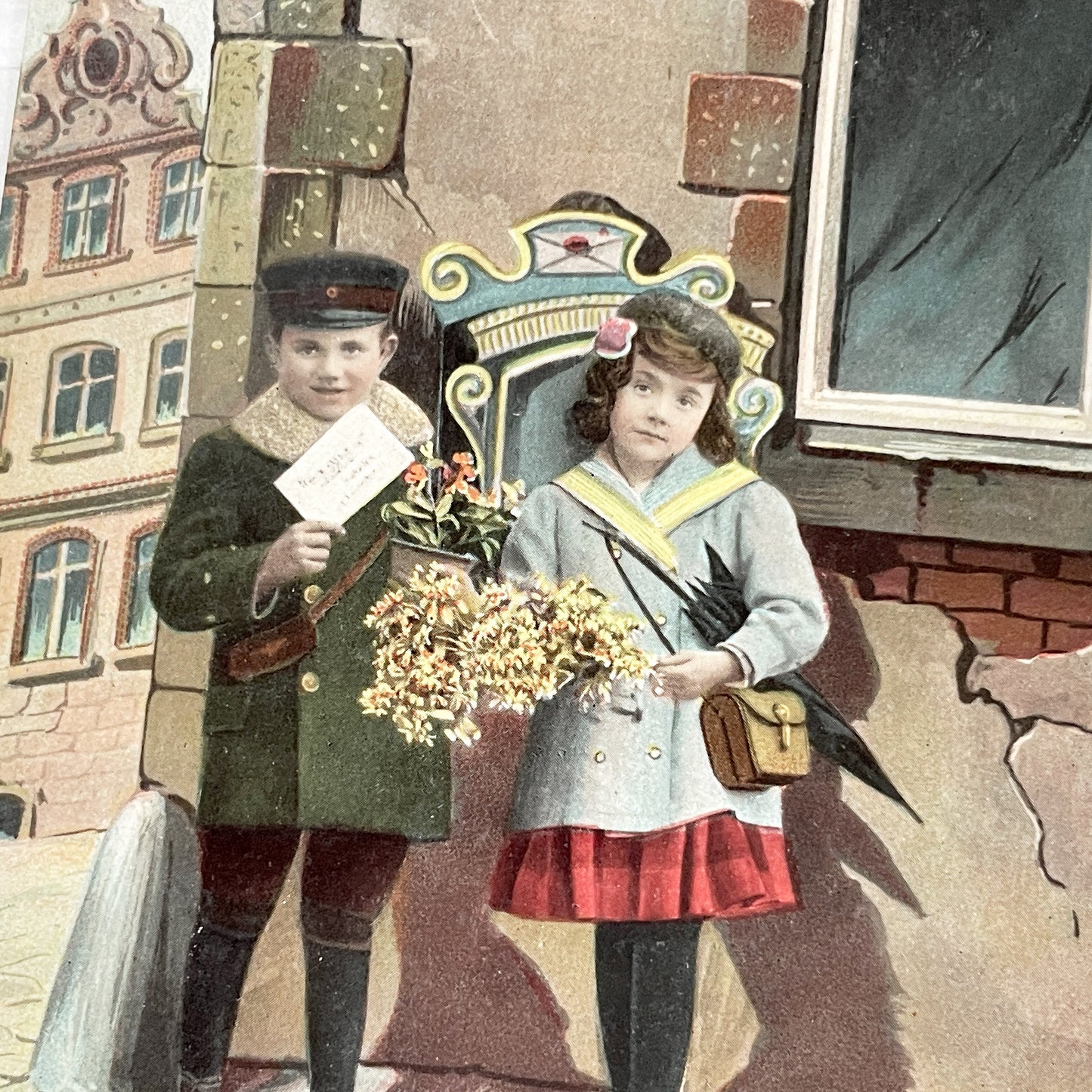 1900s - Antique French New Year Postcard - Children Illustration with Sower Stamp - Vintage Holiday Greeting - Ephemera Collectible