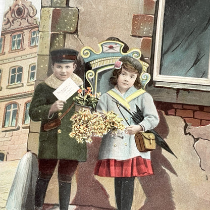1900s - Antique French New Year Postcard - Children Illustration with Sower Stamp - Vintage Holiday Greeting - Ephemera Collectible