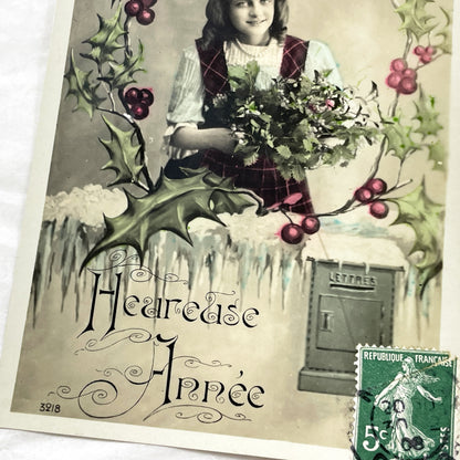 1910s - Antique French New Year Postcard - Young Girl Holly Wreath Icicles - Vintage Holiday Greeting Card - French Collectible Ephemera