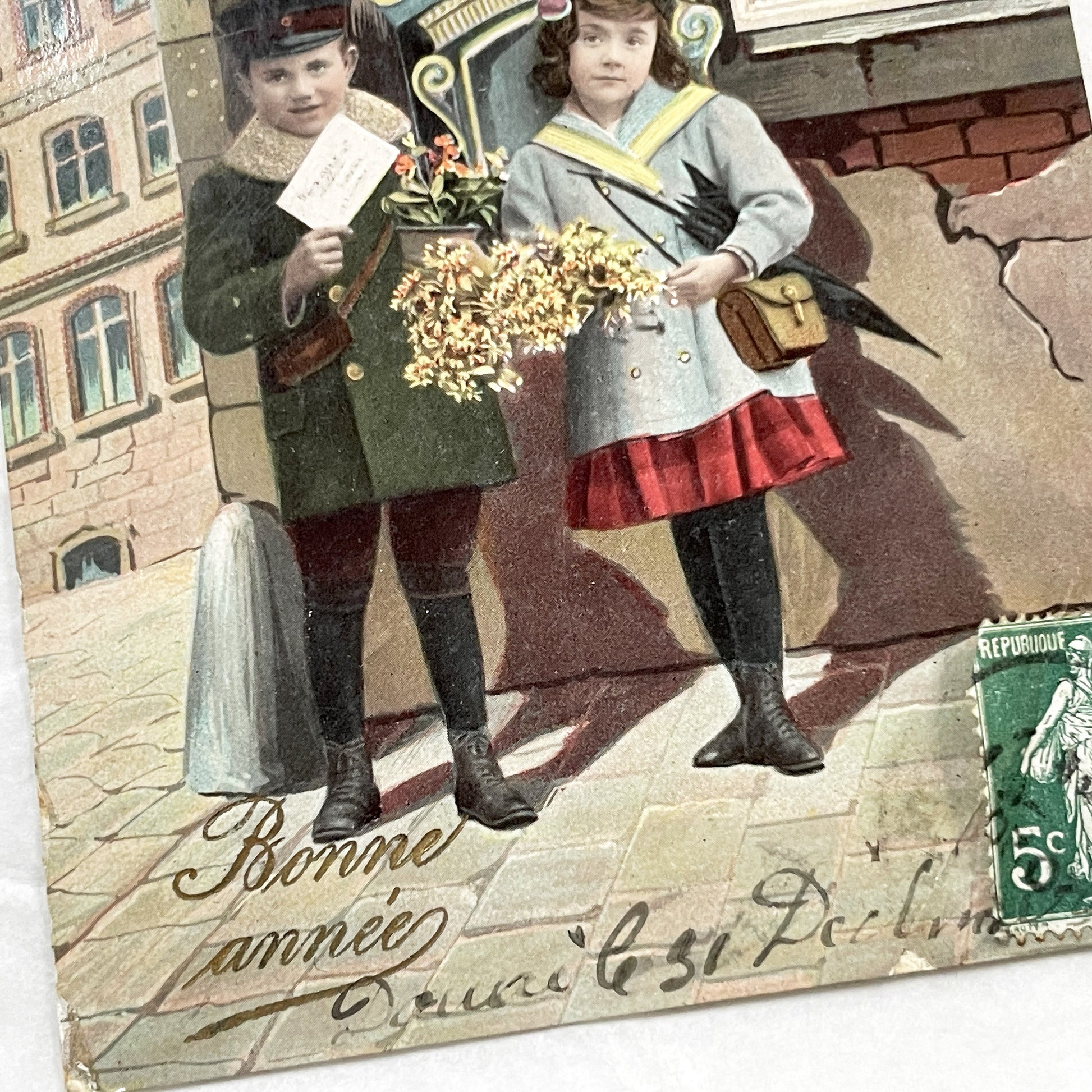 1900s - Antique French New Year Postcard - Children Illustration with Sower Stamp - Vintage Holiday Greeting - Ephemera Collectible