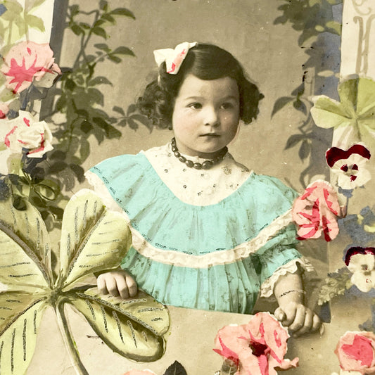 1900s - Antique French Postcard with Child Portrait - Hand-Colored Floral Clover Design - 'Je Vous Aime Bien' - Vintage Collectible Card