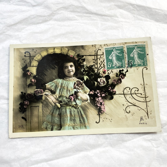 1910s - Vintage French Hand-Colored Postcard - Little Girl In Ruffled Dress With Roses - Antique Child Portrait - Collectible Ephemera