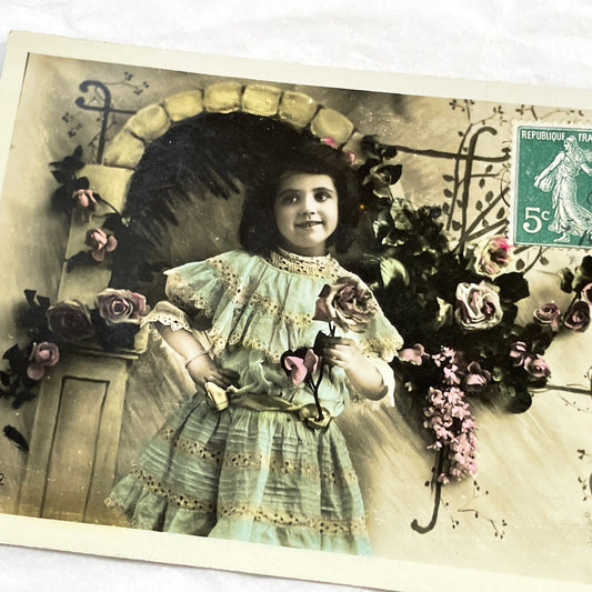 1910s - Vintage French Hand-Colored Postcard - Little Girl In Ruffled Dress With Roses - Antique Child Portrait - Collectible Ephemera