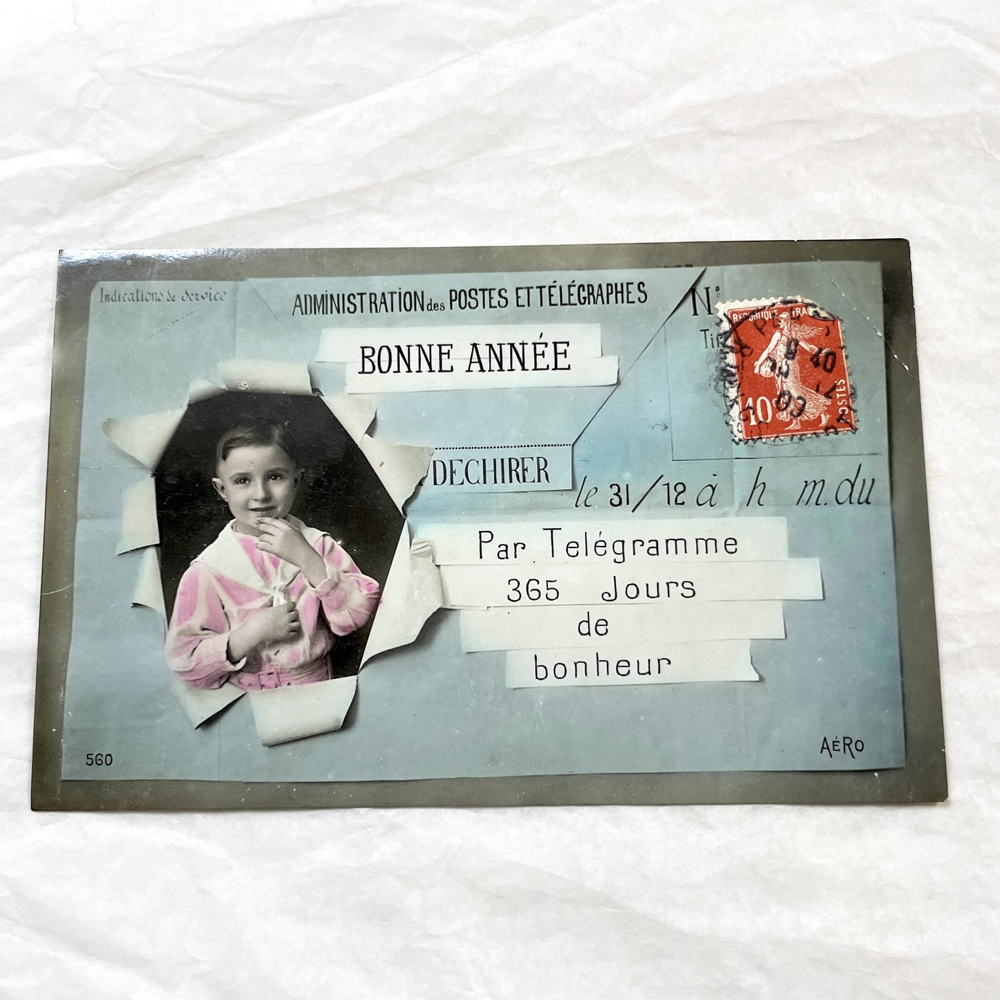 1900s - Vintage French Postcard - New Year Greetings - Little Boy Portrait - Telegram Style Design - Unique Collectible Ephemera