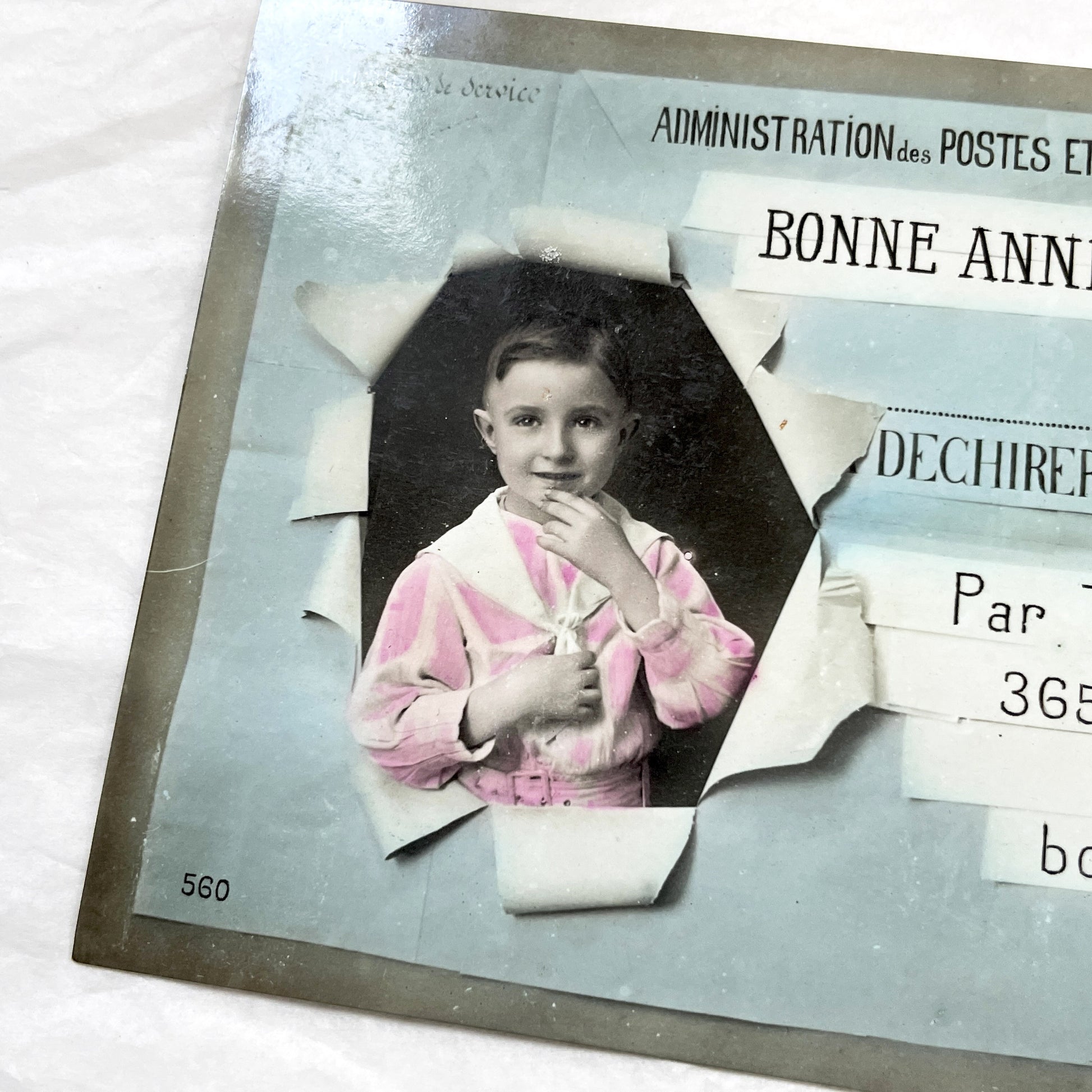 1900s - Vintage French Postcard - New Year Greetings - Little Boy Portrait - Telegram Style Design - Unique Collectible Ephemera