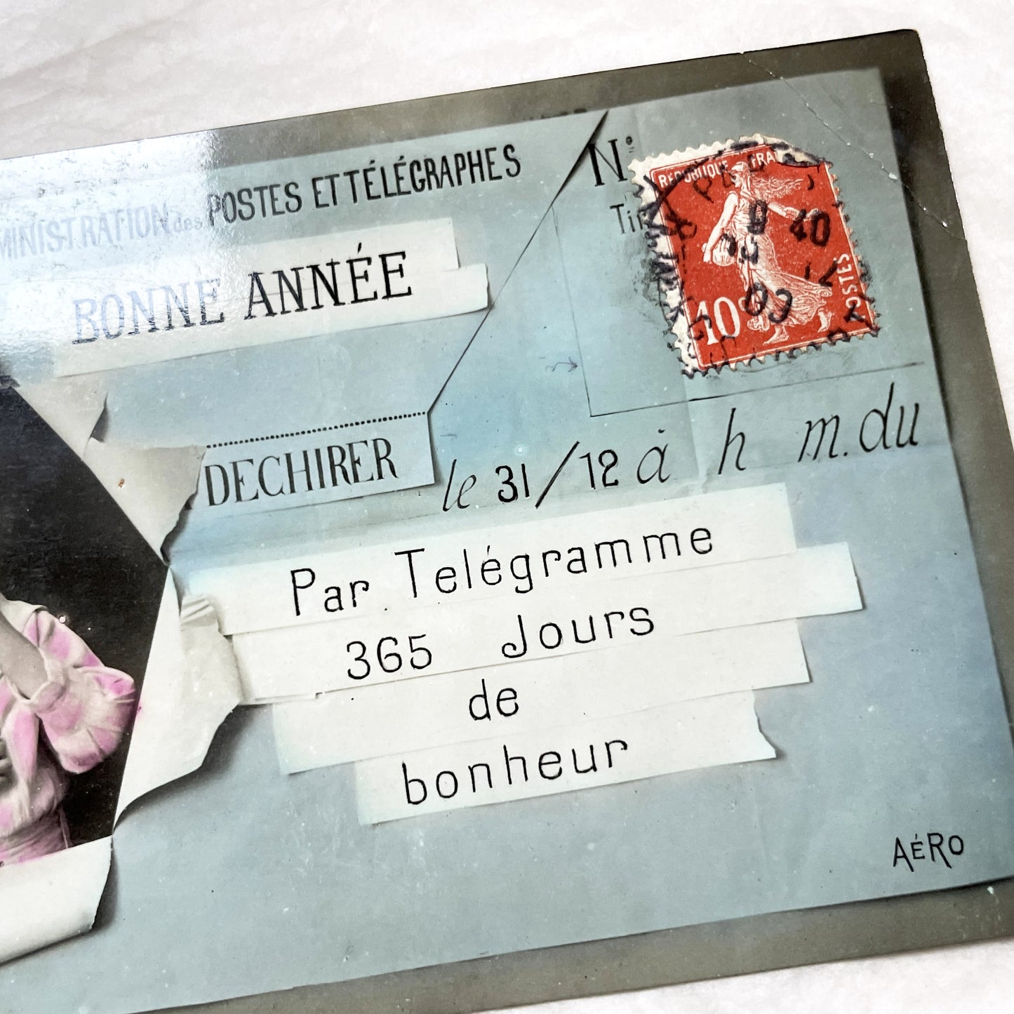 1900s - Vintage French Postcard - New Year Greetings - Little Boy Portrait - Telegram Style Design - Unique Collectible Ephemera