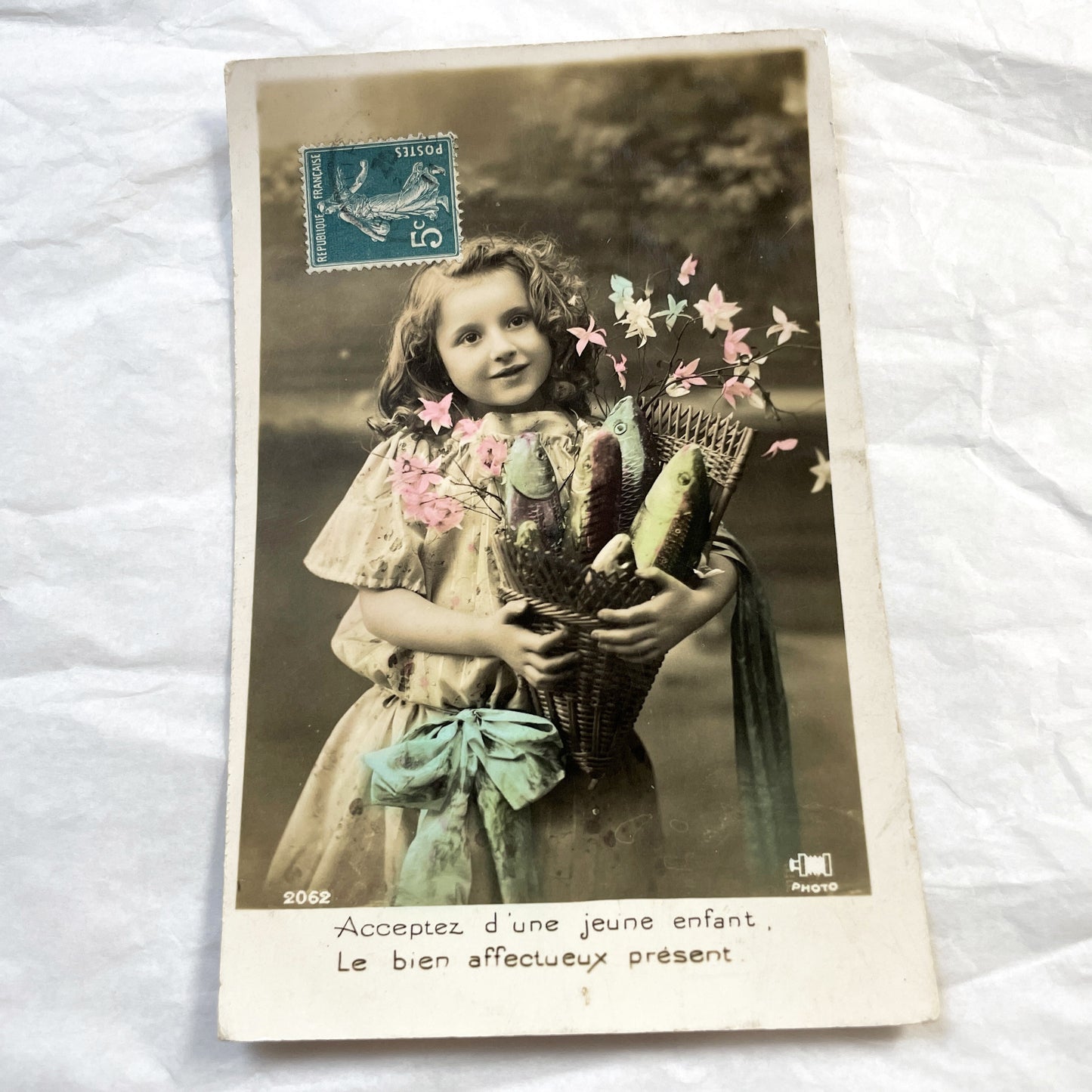 1910s - Antique French Postcard Little Girl Fishing Basket - Hand Tinted Sepia Photo - Sentimental Child Portrait - Collectible Ephemera