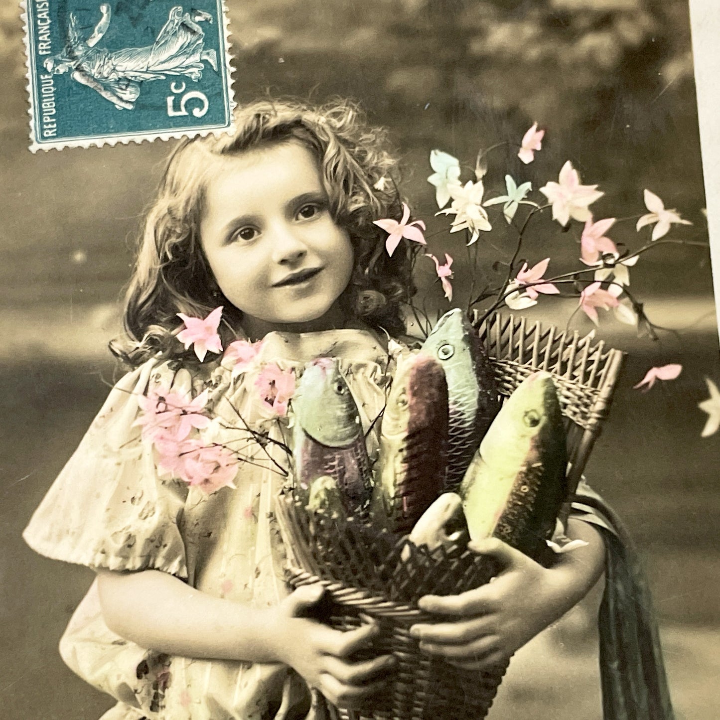 1910s - Antique French Postcard Little Girl Fishing Basket - Hand Tinted Sepia Photo - Sentimental Child Portrait - Collectible Ephemera