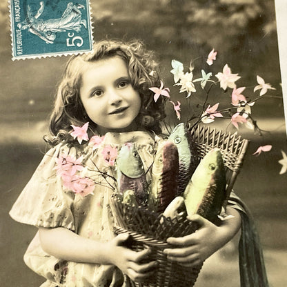 1910s - Antique French Postcard Little Girl Fishing Basket - Hand Tinted Sepia Photo - Sentimental Child Portrait - Collectible Ephemera