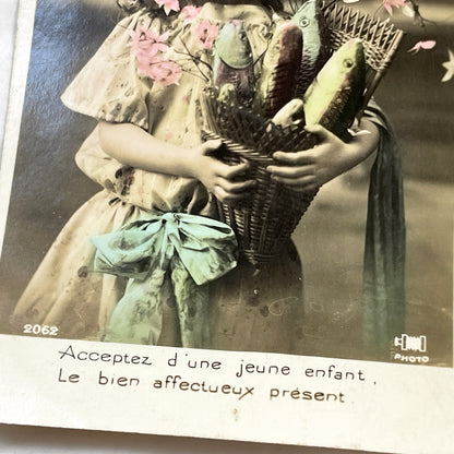 1910s - Antique French Postcard Little Girl Fishing Basket - Hand Tinted Sepia Photo - Sentimental Child Portrait - Collectible Ephemera