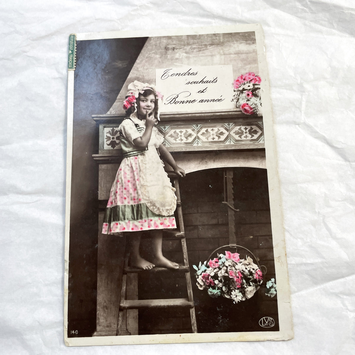 1910s - French New Year Postcard - Young Girl with Flowers - Hand-Colored Sepia Photo - Antique Carte Postale Greeting