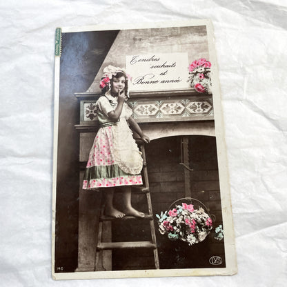 1910s - French New Year Postcard - Young Girl with Flowers - Hand-Colored Sepia Photo - Antique Carte Postale Greeting