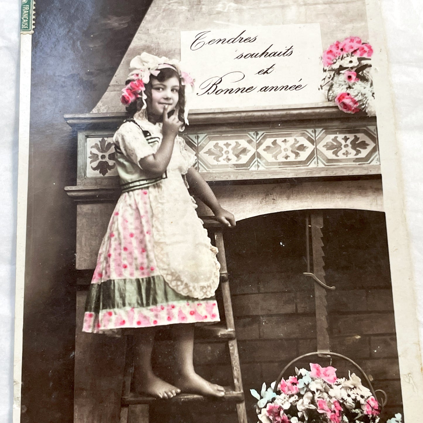 1910s - French New Year Postcard - Young Girl with Flowers - Hand-Colored Sepia Photo - Antique Carte Postale Greeting