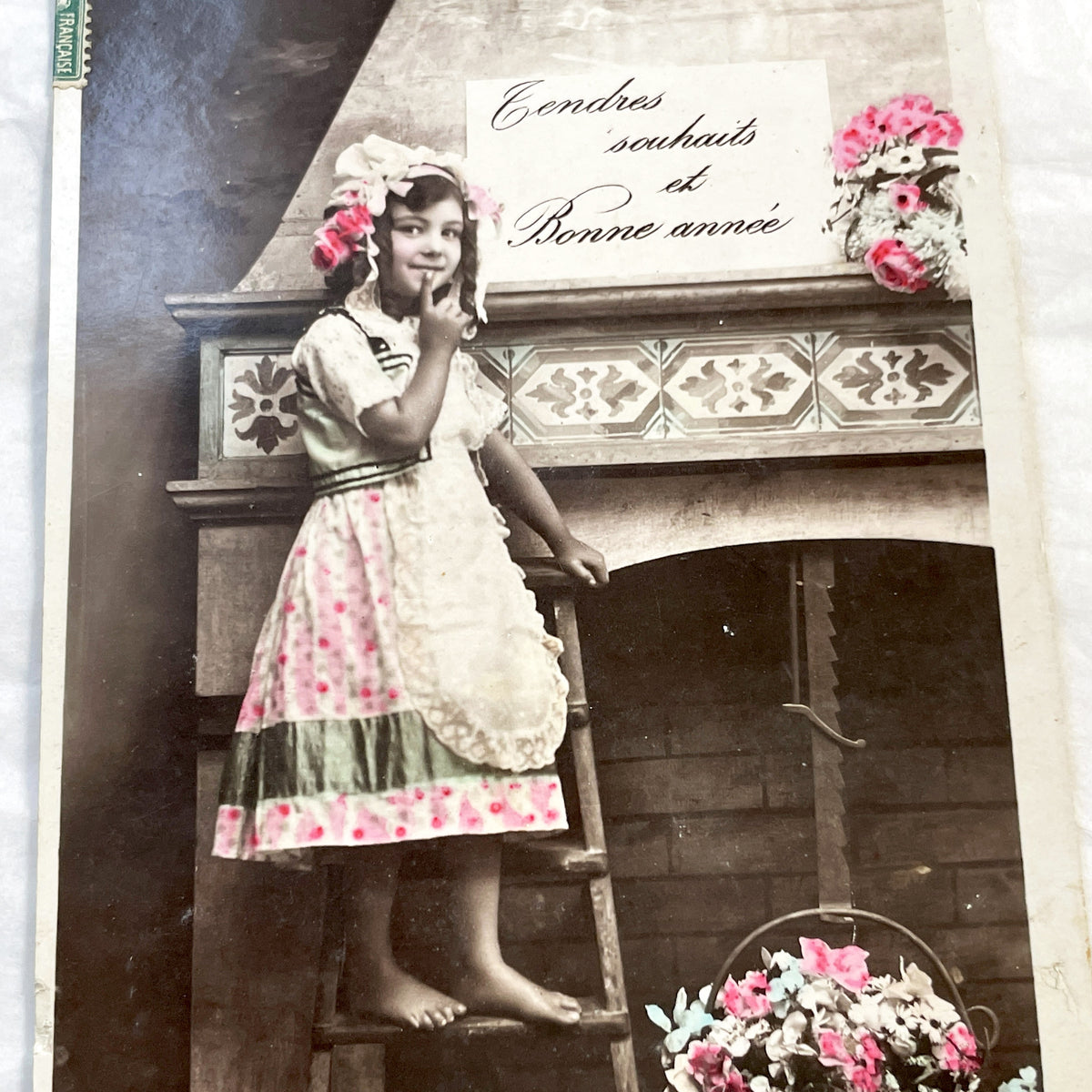 1910s - French New Year Postcard - Young Girl with Flowers - Hand-Colored Sepia Photo - Antique Carte Postale Greeting