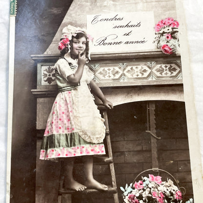 1910s - French New Year Postcard - Young Girl with Flowers - Hand-Colored Sepia Photo - Antique Carte Postale Greeting