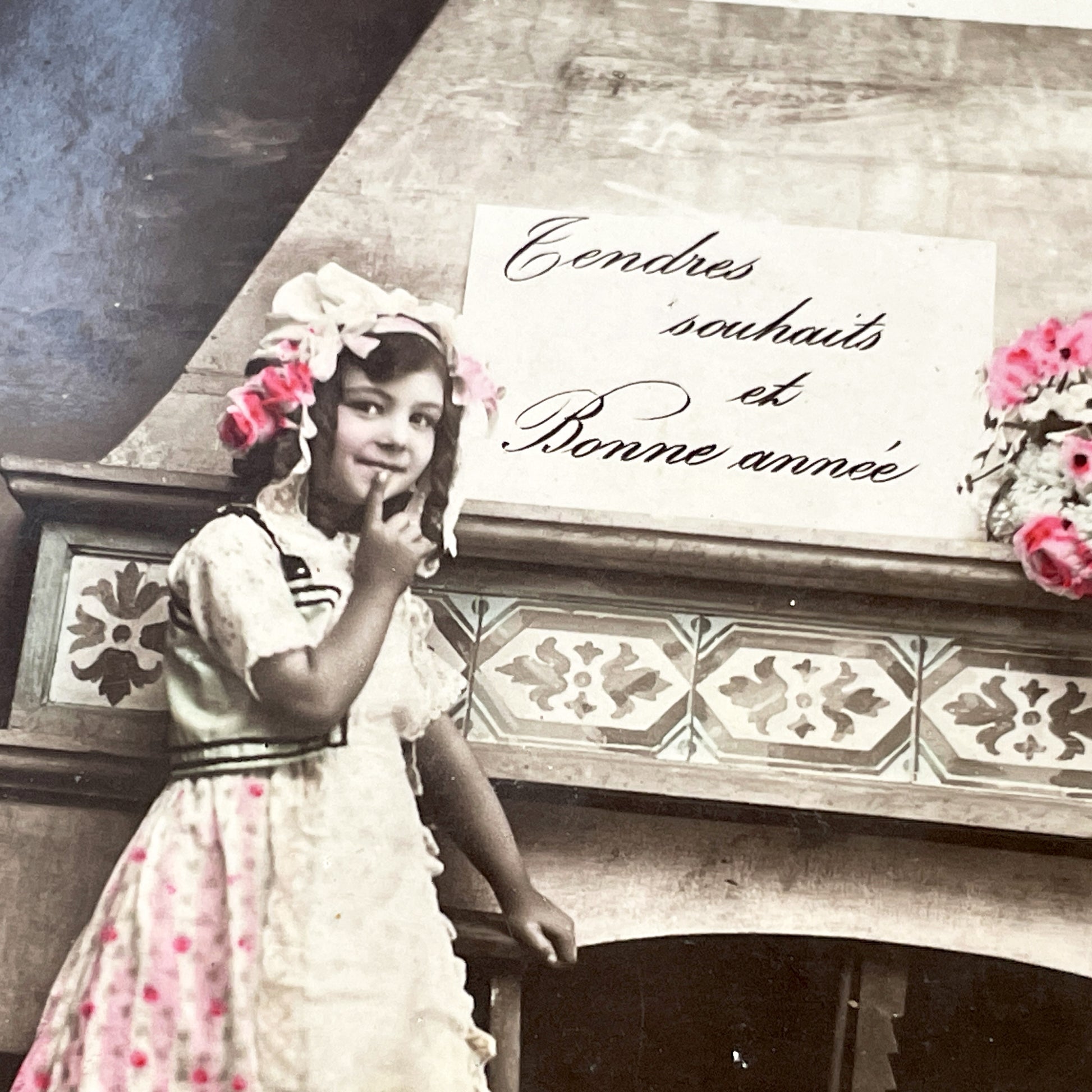 1910s - French New Year Postcard - Young Girl with Flowers - Hand-Colored Sepia Photo - Antique Carte Postale Greeting