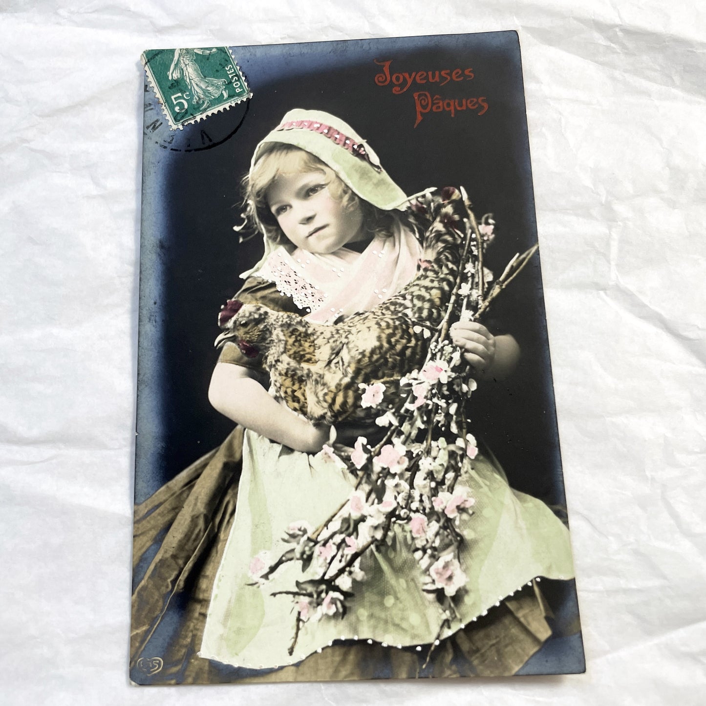 1910s - Vintage French Easter Postcard - Charming Child with Chicken and Spring Blossoms - Antique Happy Easter Greeting Card from France