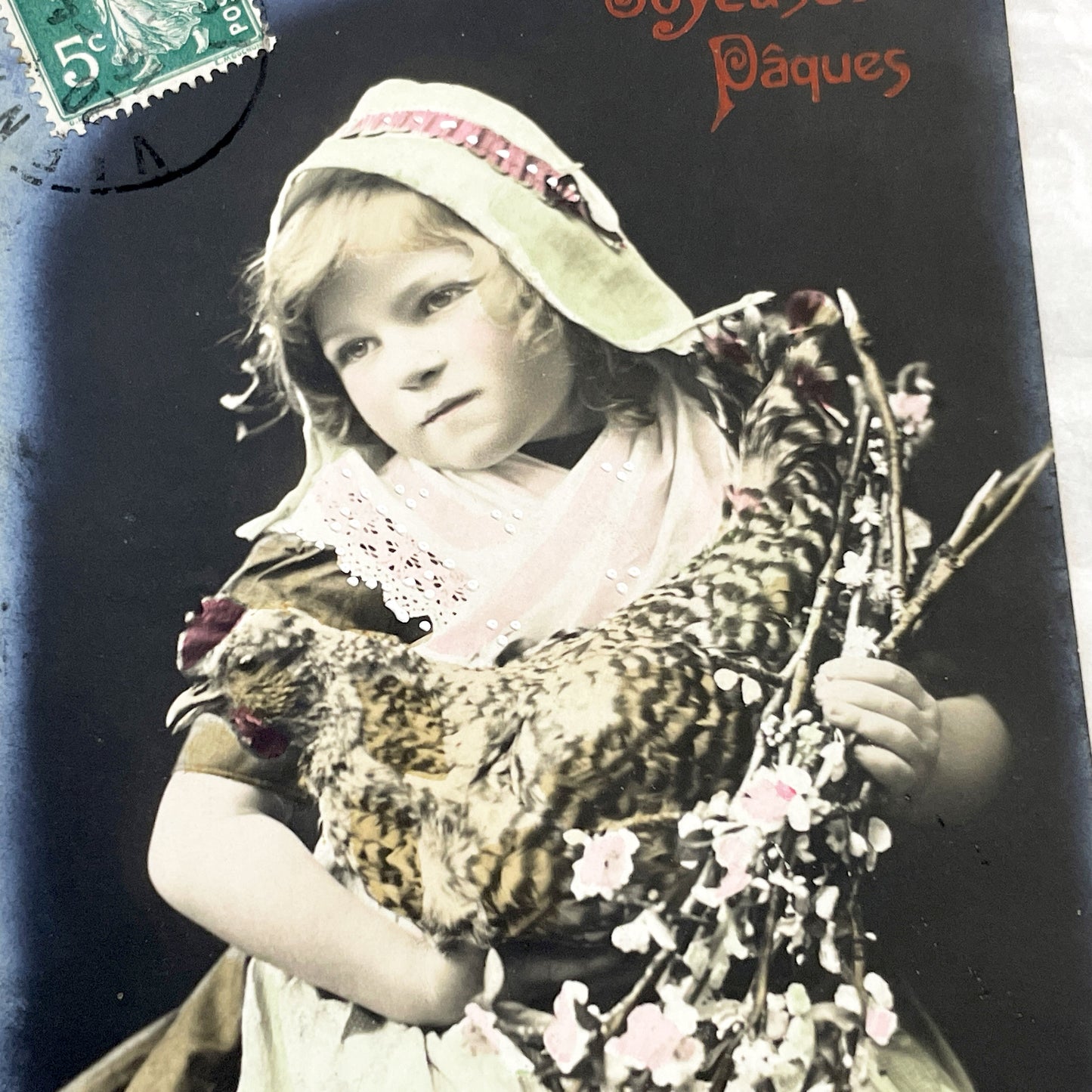 1910s - Vintage French Easter Postcard - Charming Child with Chicken and Spring Blossoms - Antique Happy Easter Greeting Card from France