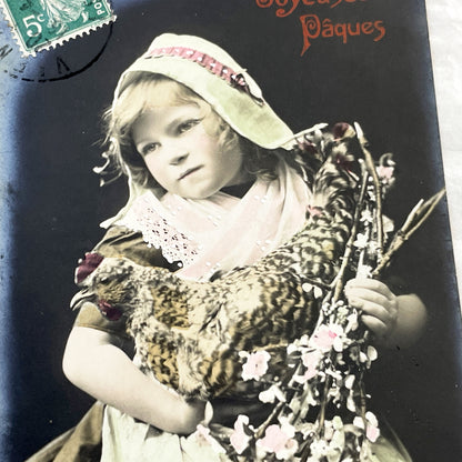 1910s - Vintage French Easter Postcard - Charming Child with Chicken and Spring Blossoms - Antique Happy Easter Greeting Card from France