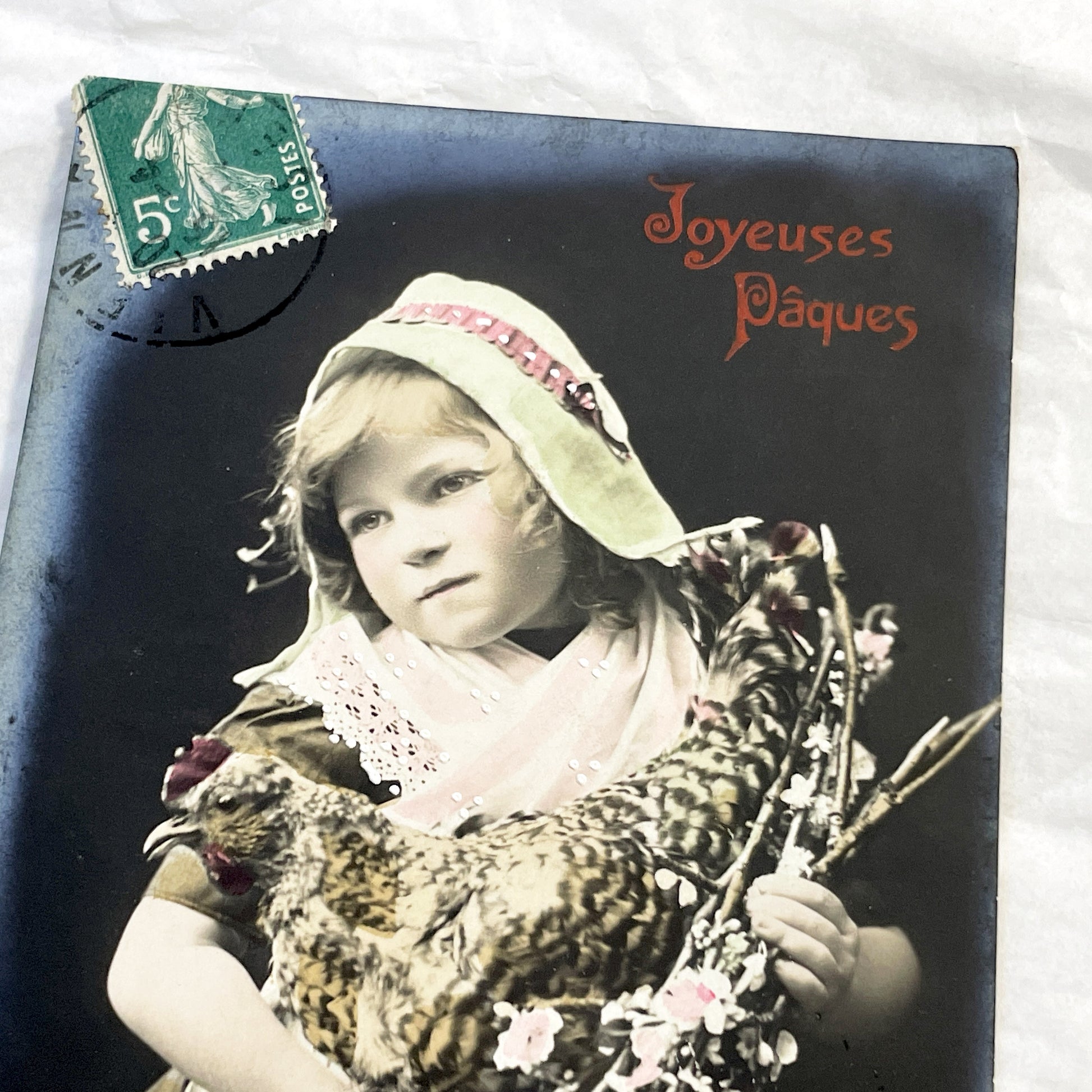 1910s - Vintage French Easter Postcard - Charming Child with Chicken and Spring Blossoms - Antique Happy Easter Greeting Card from France