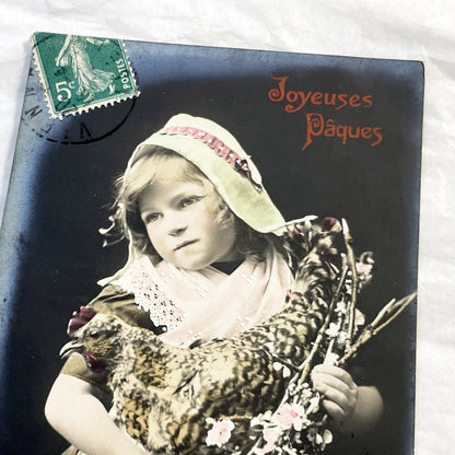 1910s - Vintage French Easter Postcard - Charming Child with Chicken and Spring Blossoms - Antique Happy Easter Greeting Card from France